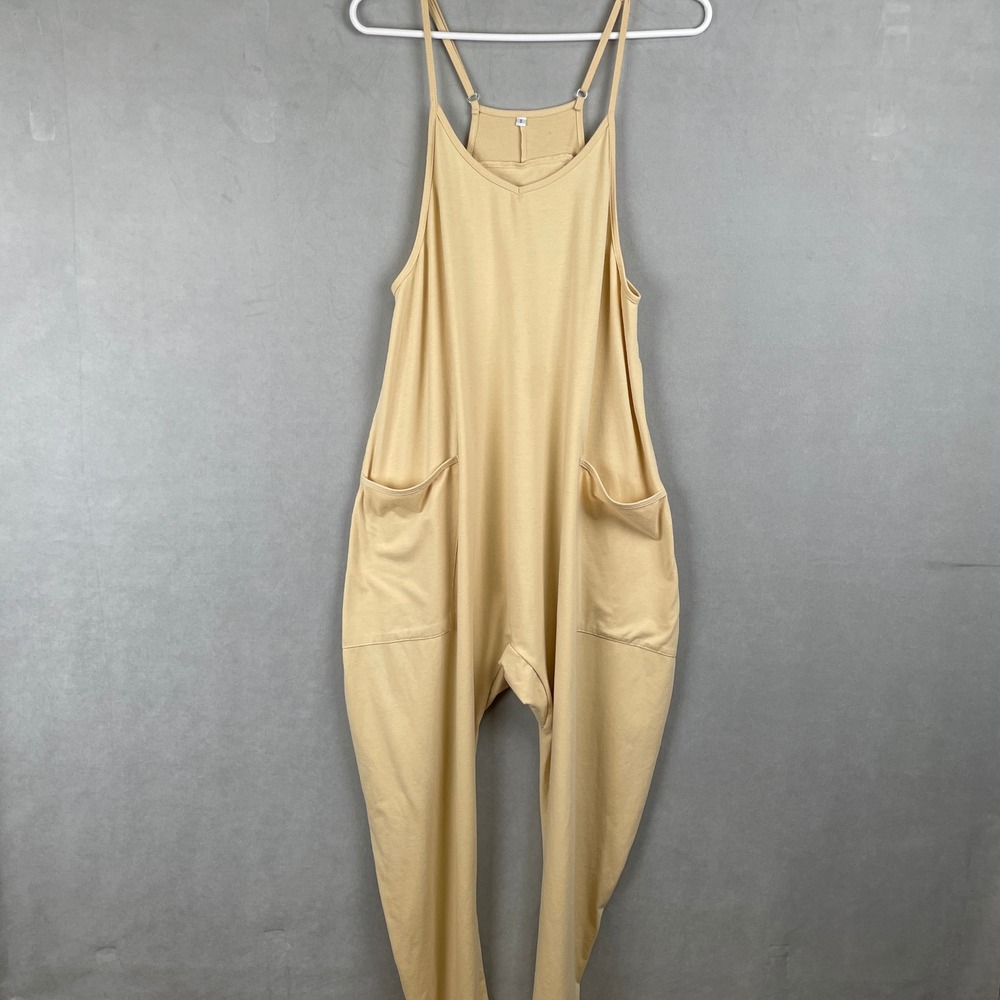 Pale Yellow Harem Jumpsuit Adjustable Strap Drop Crotch Zip Pocket S Boho Lounge